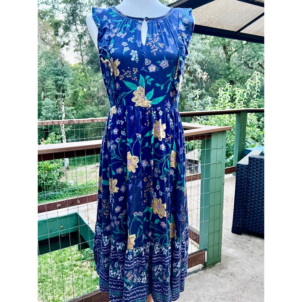 Old Navy Med Navy Blue Floral Ruffle Midi Dress Keyhole Cottagecore India